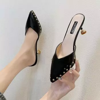 Туфли на высоком каблуке до 5 см, лето 2024, черные мюли, шлепанцы, кожаные женские тапочки и сандалии из кожи, роскошь с острым носком 34