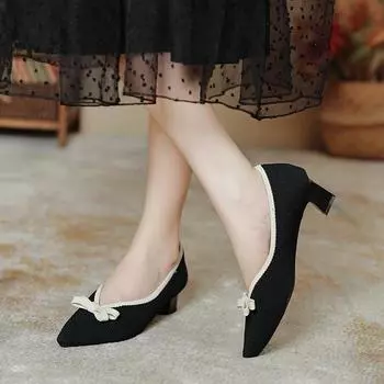 Туфли на высоком каблуке Fairy 2024: Вязаные туфли на толстом каблуке в корейском стиле для женщин, идеально подходят для поездок на работу весной и осенью 34 темно-зеленого