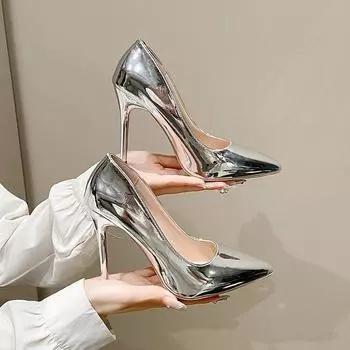Туфли на высоком каблуке из мягкой кожи серебристо-золотистого цвета 8/10 см, модные женские туфли-лодочки с острым носком, офисные, свадебные, большого размера 43 34