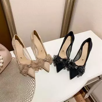 Туфли на высоком каблуке из сетчатой пряжи с тонкими узлами, весна-лето, новые, с острым носком, с неглубокой горловиной, женские 35 абрикосовый