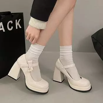 Туфли на высоком каблуке Мэри Джейн, весенние, толстые, однотонные, маленькие туфли Джокер на толстой подошве 35 чёрный