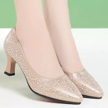 Туфли на высоком каблуке, модные, с подиума, кожаные, с блестками и бусинами, весенние и осенние женские туфли-одиночки 35