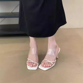 Туфли на высоком каблуке Модные женские туфли с квадратным носком Элегантные босоножки Туфли-лодочки Трендовые летние шлепанцы Платье Женские туфли 35