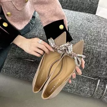 Туфли на высоком каблуке с бантом из французского атласа в стиле ретро со стразами — коллекция осень/зима 2024 г. Size 38 абрикосовый