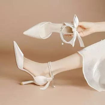 Туфли на высоком каблуке с бантом в стиле французской феи, с жемчужной пряжкой, одним словом, сандалии с открытой головой и юбкой, модные одинарные туфли для женщин 34