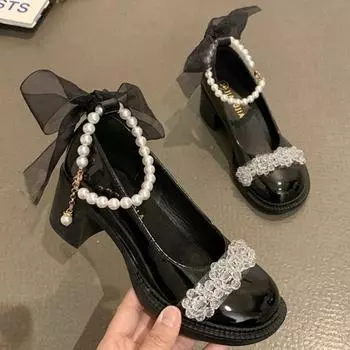Туфли на высоком каблуке с бусинами во французском стиле, женские, лето 2024 г., новые туфли на толстом каблуке в стиле феи, туфли Мэри Джейн, удобные, универсальные 35 покинуть белый