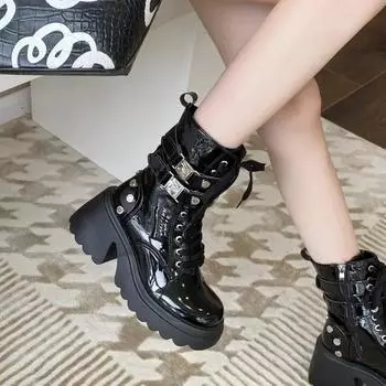 Туфли на высоком каблуке с круглым носком, лакированные, с боковой молнией, на платформе, с цепочкой, женские туфли-лодочки из коровьей кожи, металлические, до середины голени, панк-сапоги Y2k 35 чёрный