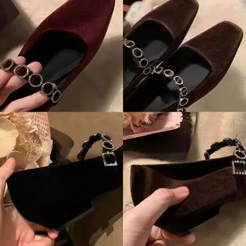 Туфли на высоком каблуке с квадратной головкой и неглубоким горлом, односложный ромбовидный пояс, замшевые туфли Мэри Джейн на низком каблуке 35 чёрный