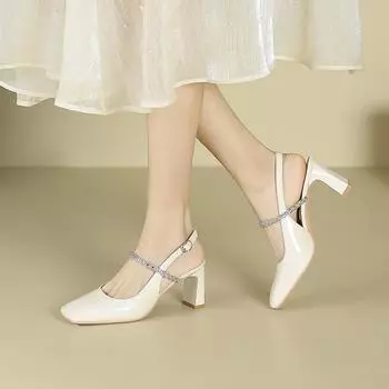 Туфли на высоком каблуке с квадратной головкой, женские, летние, новые, со стразами сзади, пустые, сандалии на высоком каблуке с толстой пяткой 34