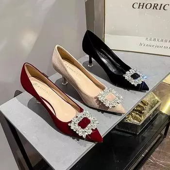 Туфли на высоком каблуке с квадратной пряжкой и заостренными стразами для женщин, тонкие каблуки, черные профессиональные туфли, бордовые свадебные туфли на платформе 35