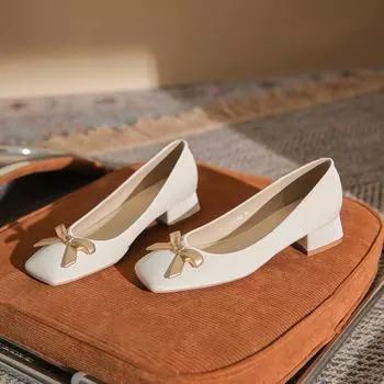 Туфли на высоком каблуке с квадратным носком и толстым бантом для женщин. Универсальная и удобная обувь на среднем каблуке. 39