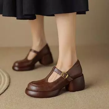 Туфли на высоком каблуке с мягкой подошвой, женские туфли с толстой подошвой, женские весенние и осенние туфли-стринги, туфли Мэри Джейн с подошвой-буф 35 коричневый