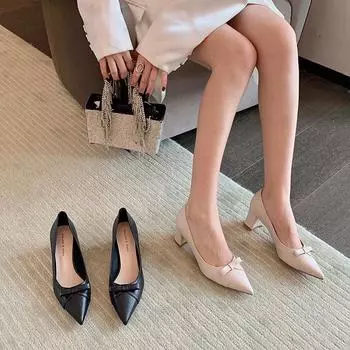 Туфли на высоком каблуке с острым носком, женские туфли с неглубоким носком и толстым бантом, женская корейская версия профессиональной рабочей женской пригородной обуви 34