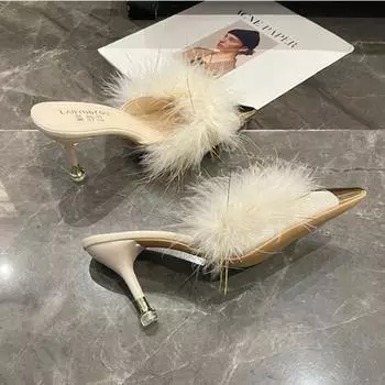 Туфли на высоком каблуке с острым носком для женщин на открытом воздухе Босоножки на высоком каблуке для женщин Перьевые полутапочки для внешней носки Pantuflas De Mujer 33