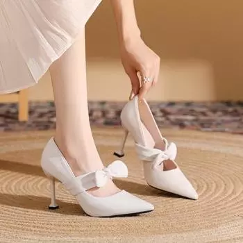 Туфли на высоком каблуке с острым носком, большого размера и ширины, с бантом в стиле феи 34 чёрный