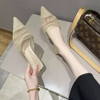 Туфли на высоком каблуке с острым носком, женская верхняя одежда 2025 года, новые сетчатые босоножки с завязками на шее, тапочки-феи Muller 35 чёрный