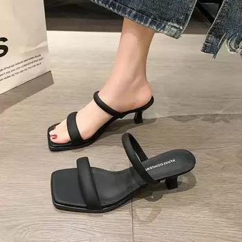 Туфли на высоком каблуке с открытым носком и квадратной головкой для верхней женской одежды, лето 2025, новые женские туфли, европейская и американская мода на тонком каблуке, одно слово c 35 бежевый