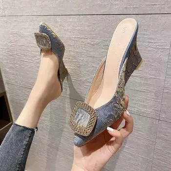 Туфли на высоком каблуке с пряжкой из страз, женские, с острым носком, флуоресцентные шелковые, шлепанцы, женские летние туфли, сандалии со стразами для женщин 4.5 жёлтый