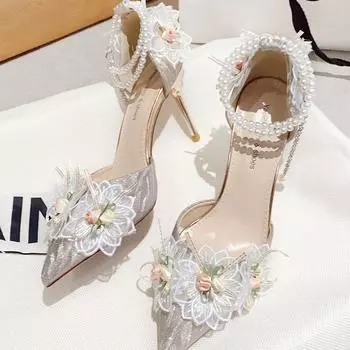 Туфли на высоком каблуке с пряжкой из одного слова, женские, весна и осень 2024, новые, 18-летние, свадебные туфли с серебряным украшением и кристаллами, свадебная обувь 34