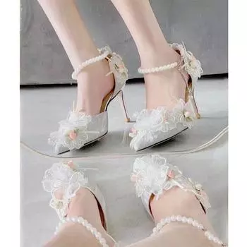 Туфли на высоком каблуке с пряжкой из одного слова, женские, весна и осень 2024, новые, 18-летние, свадебные туфли с серебряным украшением и кристаллами, свадебная обувь 34