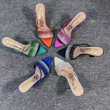 Туфли на высоком каблуке со стразами для острого носа, сексуальные тапочки со стразами, женские роскошные дизайнерские босоножки для вечернего платья Zapatillas Mujer 37 абрикосовый