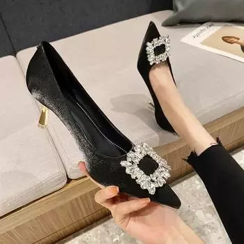 Туфли на высоком каблуке со стразами, французские, лето 2024, новые, на шпильке, модные, маленького размера, черные, профессиональные, одинарные, женские 34