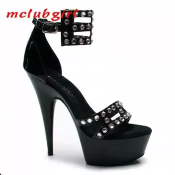 Туфли на высоком каблуке, танцевальные туфли для ночного клуба, черные босоножки с заклепками и кружевом, каблук 15 см, платформа 5 см, YKC 34 чёрный