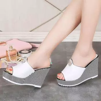 Туфли на высоком каблуке, танкетка, женские, 2024, летние, сандалии, тапочки на платформе, шлепанцы, пляжные, на толстой подошве, модные, уличные, шлепанцы 35 чёрный