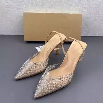 Туфли на высоком каблуке TRAF женские прозрачные с жемчугом, осень 2024 г., элегантные туфли с острым носком и открытой пяткой, женские свадебные туфли-лодочки на шпильках 36