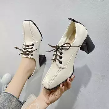 Туфли на высоком каблуке в британском стиле, осень 2024 г., новые женские туфли на толстом квадратном каблуке, женские туфли на шнуровке, неглубокий вырез, одинарные, Zapatos Mujer 34