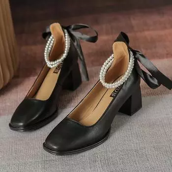 Туфли на высоком каблуке в стиле феи с бантом, женские, весна 2025, новые, французские, квадратные, толстые, универсальные, средний каблук, туфли Мэри Джейн 35