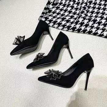 Туфли на высоком каблуке в стиле французской феи со стразами, женские, осень-зима 2024 года, новые, темпераментные, с бантом для девочки, с тонким каблуком, с острым носком 34