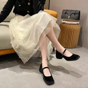 Туфли на высоком каблуке в стиле ретро 2024 года, весна и осень, новые толстые каблуки Мэри Джейн, квадратные минималистские туфли на каблуках Zapatos De Mujer 35 чёрный