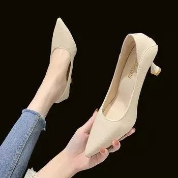 Туфли на высоком каблуке весна и осень новые женские туфли на тонком каблуке заостренные черные кожаные туфли знаменитости интернет универсальные модные сексуальные профессиональные рабочие туфли 34