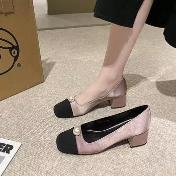 Туфли на высоком каблуке во французском стиле с небольшим ароматом, новый стиль на весну-осень 2024 года с лоскутным узором, украшенным мелкими жемчужинами, туфли на высоком каблуке 34 чёрный