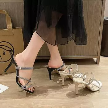 Туфли на высоком каблуке женская верхняя одежда лето 2025 новая мода шпильки высокие каблуки стразами слово с крутыми тапочками для женщин 35