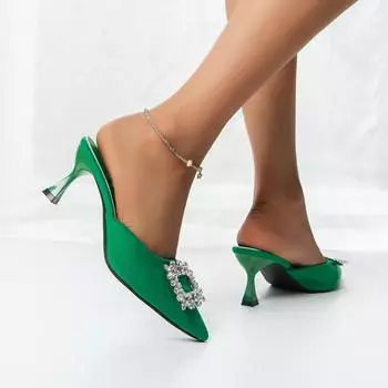 Туфли на высоком каблуке женские 2024 новые остроносые на тонком каблуке со стразами квадратной пряжкой полужакетные сандалии верхняя одежда мешок голова 35 зелёный