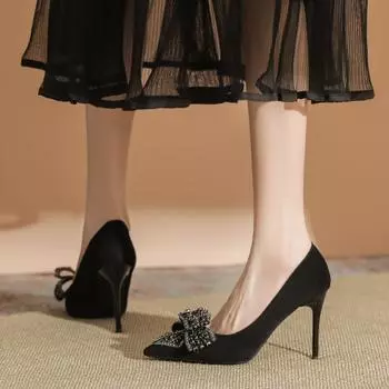 Туфли на высоком каблуке женские бант стразы замша тонкий каблук легкий рот темперамент одиночные туфли женские туфли high sense 34