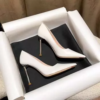 Туфли на высоком каблуке женские белые французские остроносые туфли на тонком каблуке туфли-лодочки на низком каблуке модные женские рабочие туфли весенние таконы 34 белый