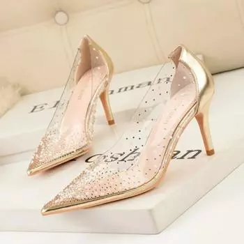 Туфли на высоком каблуке женские европейские американские модные сексуальные туфли-лодочки весна/осень новые женские туфли со стразами прозрачные женские туфли 34 шампанского