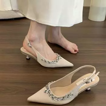 Туфли на высоком каблуке женские французские феи со стразами сандалии-мешки женские летние темпераментные ранние весенние красивые одинарные туфли 35 абрикосовый