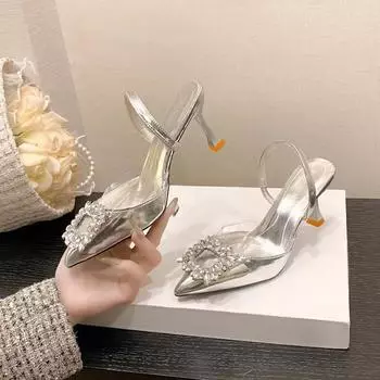 Туфли на высоком каблуке женские летние 2024 новые дизайнерские французские стразы с заостренным носком и квадратной пряжкой сексуальные босоножки женские туфли 35