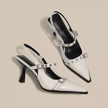 Туфли на высоком каблуке женские летние 2025 новые черные сандалии с острым тонким каблуком с одним словом сумка на голову легкие туфли-лодочки 34 чёрный