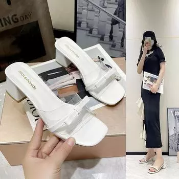 Туфли на высоком каблуке женские летние 2025 новые с бантом с открытым носком односложные толстые каблуки верхняя одежда средний каблук квадратный носок классные тапочки 35