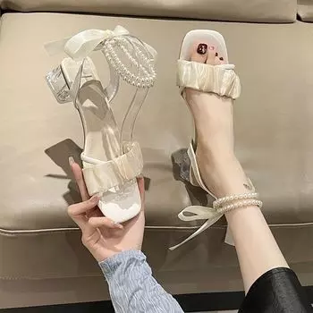 Туфли на высоком каблуке женские летние 2025 новые сандалии средней толщины с кристаллами французской феи и жемчугом в римском стиле 34