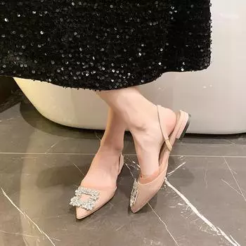 Туфли на высоком каблуке женские летние 2025 новые французские стразы заостренные квадратные пряжки тонкий каблук сексуальные внешние сандалии с сумкой на голове женские 34