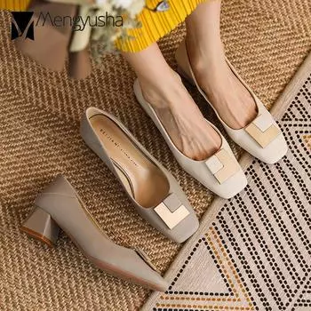 Туфли на высоком каблуке женские Mary Jeans из натуральной кожи и овчины, фирменные туфли-лоферы с металлической пряжкой, женские офисные туфли для свадьбы 4.5 абрикосовый