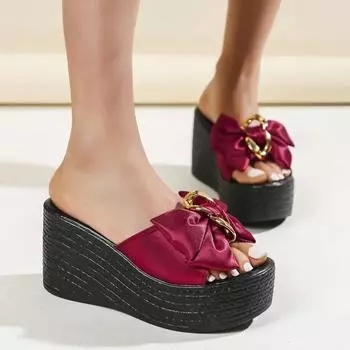 Туфли на высоком каблуке женские на танкетке с бантом на платформе летние босоножки обувь 2024 года новая мода шлепанцы с открытой пяткой повседневная обувь платье шлепанцы 34 бежевый