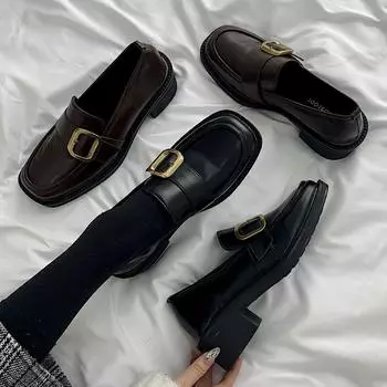 Туфли на высоком каблуке женские новые весенне-летние туфли Мэри Джейн кожаные туфли на среднем каблуке туфли с квадратным носком туфли на толстом каблуке 38 чёрный