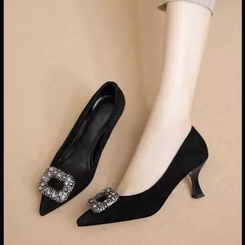 Туфли на высоком каблуке Женские Остроносые Мягкая кожа Черные Бежевые Женская Мода Балетки Круглая Пряжка Плоская Подошва Большой Размер 43 35